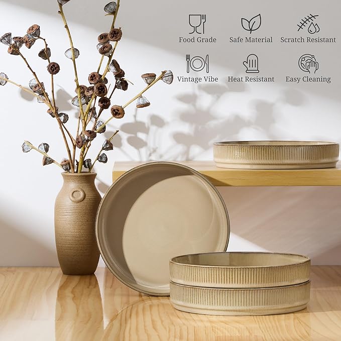 E-far Pasta Bowls Set of 4, 35oz Large Salad Bowl Plate for Dinner Serving, Wide & Shallow Ceramic Stoneware Pasta Plate, Microwave & Dishwasher Safe, Reactive Glaze Textured Stripe, Caramel Khaki