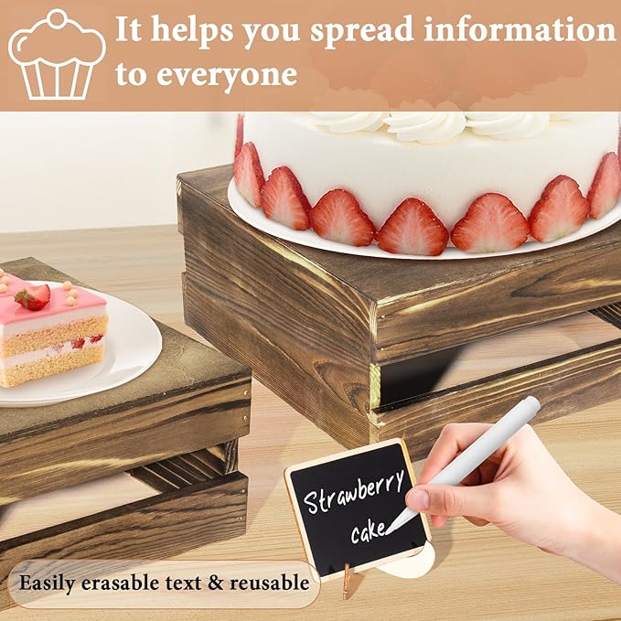 4 Pcs Buffet Risers with Mini Signs, Rustic Wood Cake Stands, Food Risers for Buffet Table, Dessert Display Stand, Wood Crates, Rustic Cake Stand for Party, Wedding, Birthday, Baby Shower, 4 Sizes