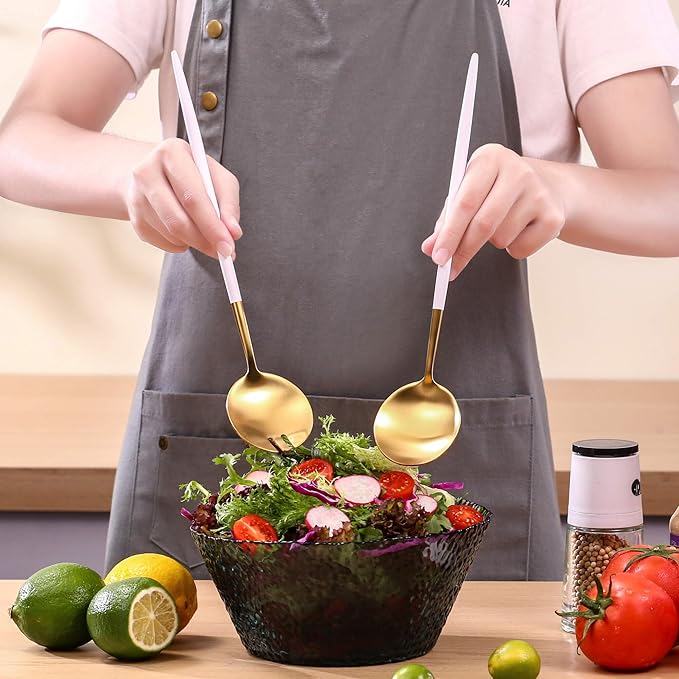 White Gold Salad Serving Utensils,Serving Spoons Stainless Steel,2Pcs Long Handle Salad Servers 11.42 Inch,Salad Utensils for Serving,Matte Finish,Dishwasher Safe