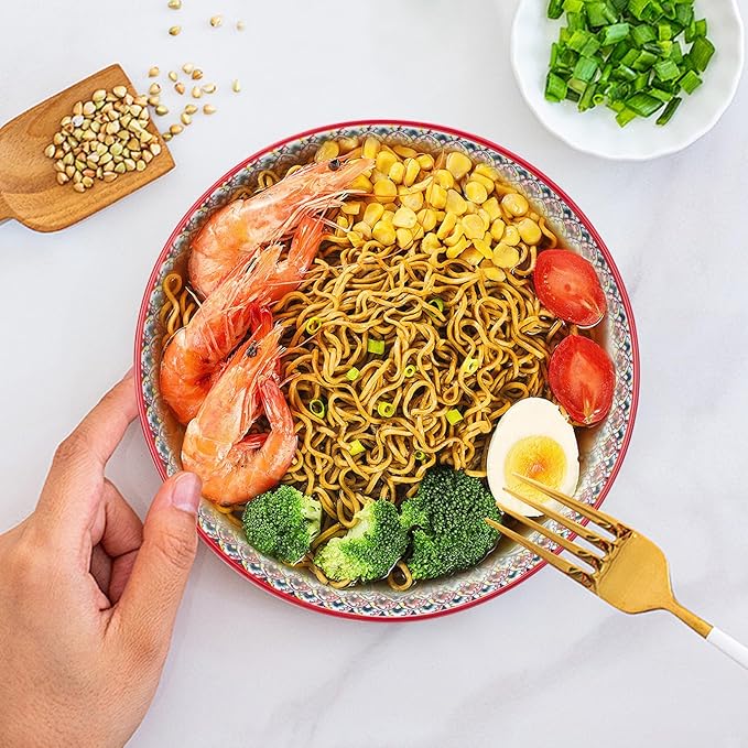 Large Serving Bowls, 75 Oz Fruit Salad Bowls Set of 2, Bohemian Style Large Porcelain Dishes for Entertaining Parties,Big Bowls for Salad, Pasta, Fruit, Chips, 10.3 Inch Diameter (red.red)