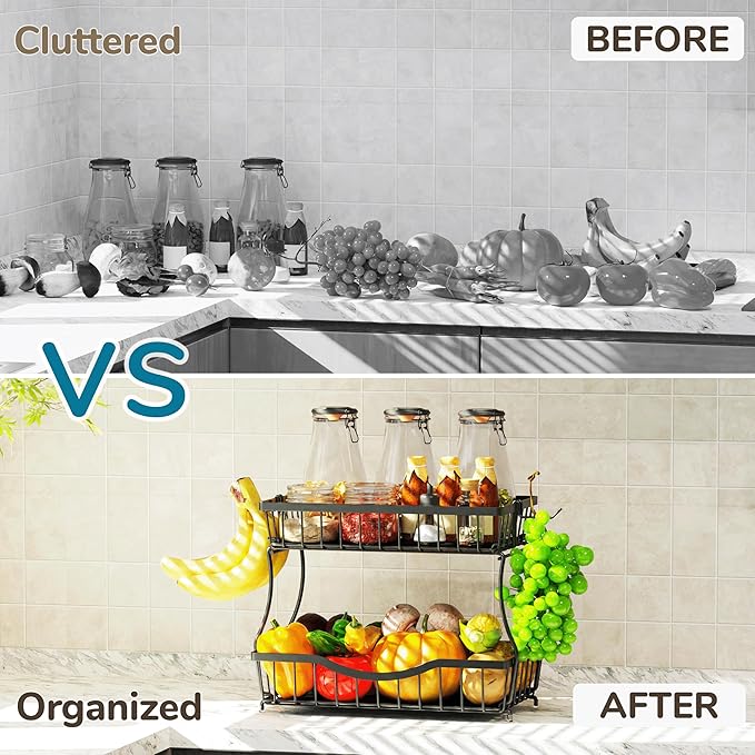 Large 2-Tier Fruit Basket for Kitchen Counter with 2 Banana Hangers – Metal Fruit Bowl for Onion, Vegetable, Snacks, Breads Storage – Countertop Organizer – Black, 14.5" W x 9.5" D