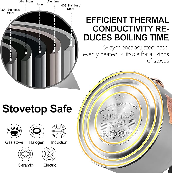 SUSTEAS Tea Kettle - 3.17QT Whistling Kettle with Ergonomic Handle - Premium Stainless Steel Tea Pots for Stove Top, Chic Vintage Teapot with Composite Base, Work for All Stovetops (Silver)