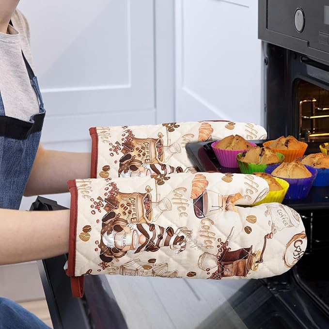 Vintage Coffee Kitchen Towels and Oven Mitts Set 4Pcs, Soft Absorbent Dish Cloth Heat Resistant Oven Gloves for Cooking Baking Kitchen Decoration, Gifts for Her