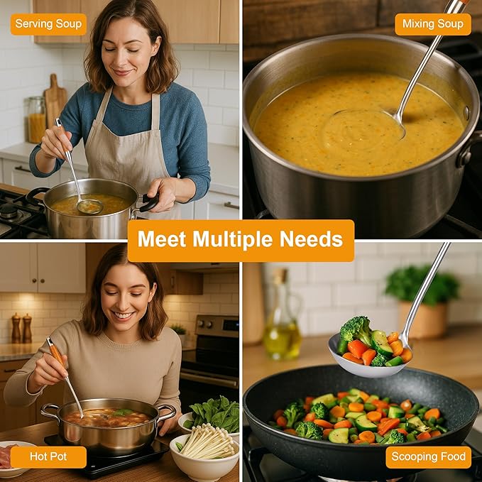 FJNATINH Soup Ladle, Stainless Steel Ladle with Heat Resistant Wooden Handle, Food Grade Metal Cooking Soup Spoon Kitchen Tools, Easy to Clean