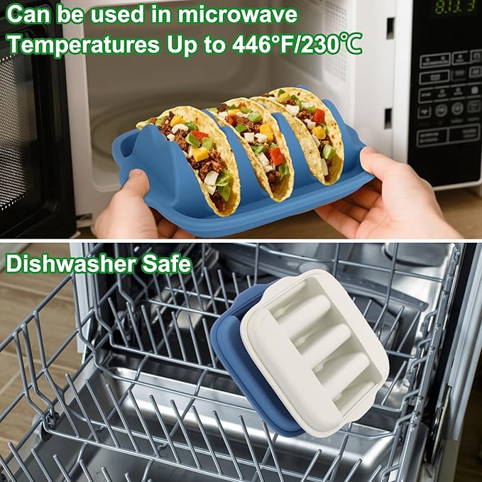 Juome Upgraded Silicone Taco Holder 4 Packs - Reusable Taco Plates with Dividers, Taco Rack Holders Stand for Hard/Soft Taco Shell Holder, Taco Party Serving Tray Plates, Dishwasher & Microwave Safe