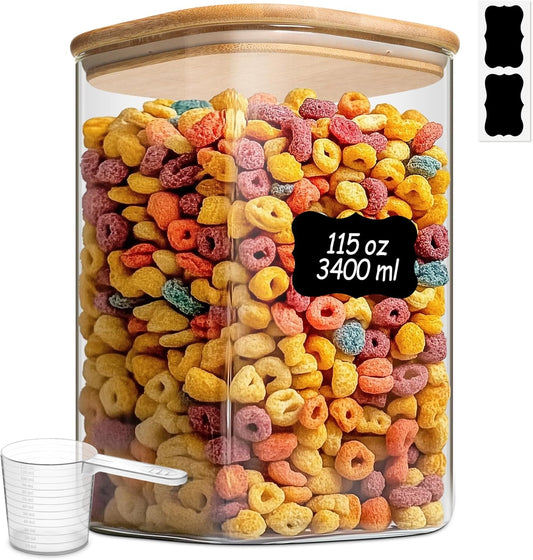 ComSaf 115 oz Glass Food Storage Containers, Cereal Storage Containers with Airtight Lids, Large Square Glass Jars with Bamboo Lids, for Rice, Pasta, Oats, Grains, Coffee Beans