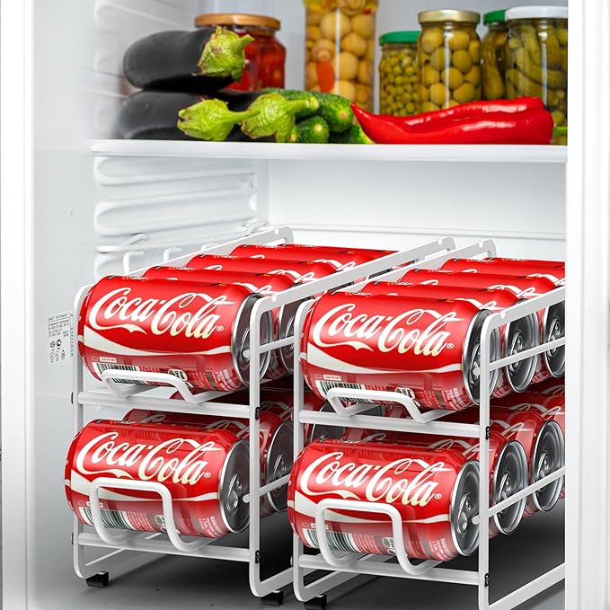 Soda Can Organizer Storage Rack, 2 Pack Stackable Beverage Soda Can Dispenser Organizer Holder for Refrigerator, Cabinet, Pantry (White)