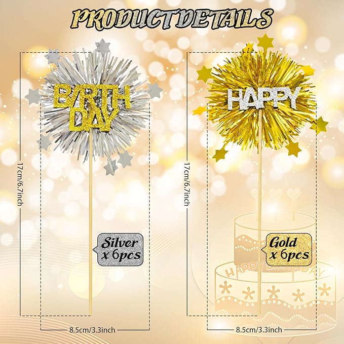 LOLStar 12 PCS Happy Birthday Cake Toppers, Gold and Silver Foil Cupcake Toppers, Glitter Tinsel Cupcake Decor, Food Picks Drink Stirrers Cocktail Toothpicks for Celebrating Party Supplies