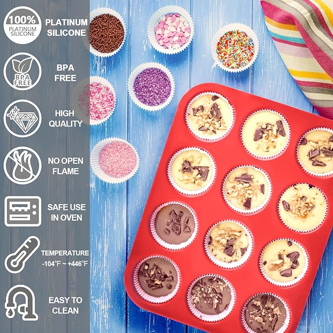 Anaeat Silicone Muffin Pan set- Regular 12 Cups Cupcake Tray, Non-Stick Silicone Baking Molds for Making Muffin Cakes, Cupcake, Chocolate, Bread,Tart and Desserts, Just Pop Out (2 Pack)