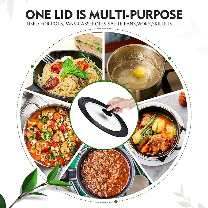 Universal Lid for Pots, Pans and Skillets, Pot Lid With Heat Resistant Silicone Rim and Tempered Glass,Fits 9.5", 10", 11" Diameter Pots and Pans