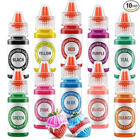 Oil Based Food Coloring for Chocolate 10 Colors Edible Food Dye for Sugar Candy Melts Oil Frosting Icing Dye for Backing Cookies Fondant Food Color for Cake Decorating - 0.25 Fl. Oz/Bottles