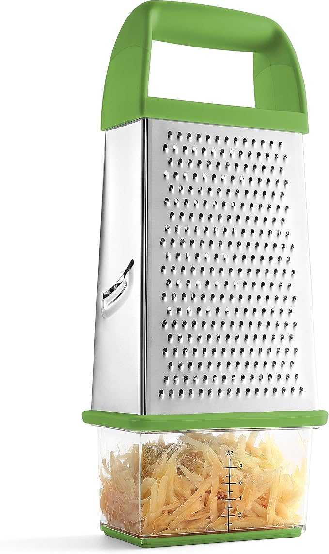 Spring Chef Professional Green 10" Parmesan Cheese Grater With Container, Stainless Steel Food Grater for Kitchen with Handle, 4 Sided Carrot Shredder, Handheld Vegetable & Cabbage Shredder