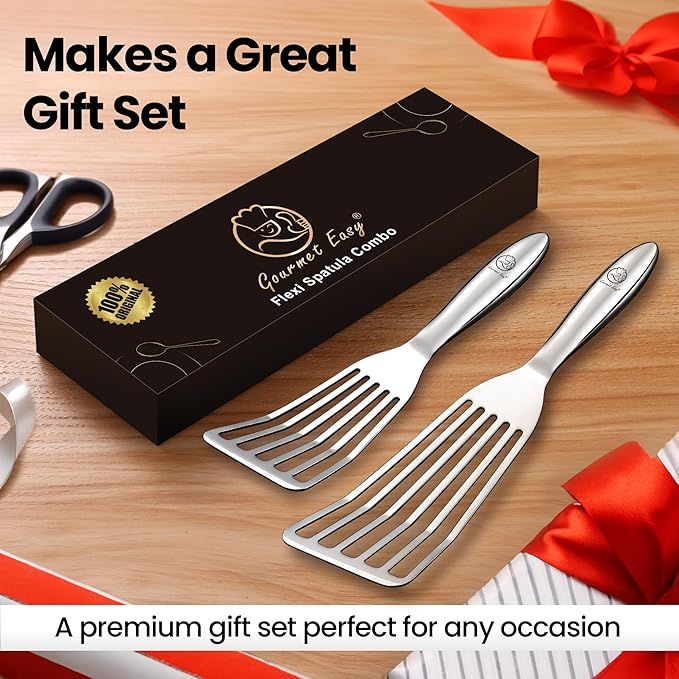 Stainless Steel Fish Spatula Set – 1 Large Fish Turner + 1 Small Metal Spatula, Ultra Thin Edge for Easy Turning & Flipping, Metal Kitchen Untensils with Ergonomic Non-Slip Handle, Dishwasher Safe