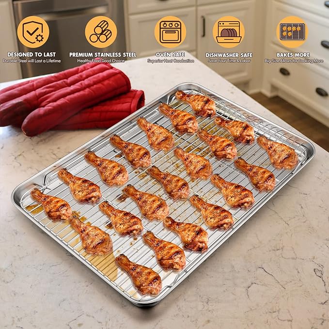 Large Baking Sheet with Rack Set, E-far 20”x14” Stainless Steel Cookie Sheet Pan for Oven Cooking Roasting, Rimmed Metal Tray with Wire Cooling Rack for Bacon Meat Steak - Dishwasher Safe