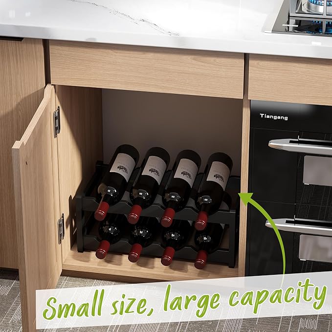 BMOSU Bamboo Wine Rack Wine Storage Cabinet Shelf 8 Bottle Wine Racks Countertop Sturdy for Kitchen Dining Room Pantry - 2 Tiers Wine Rack (Black)