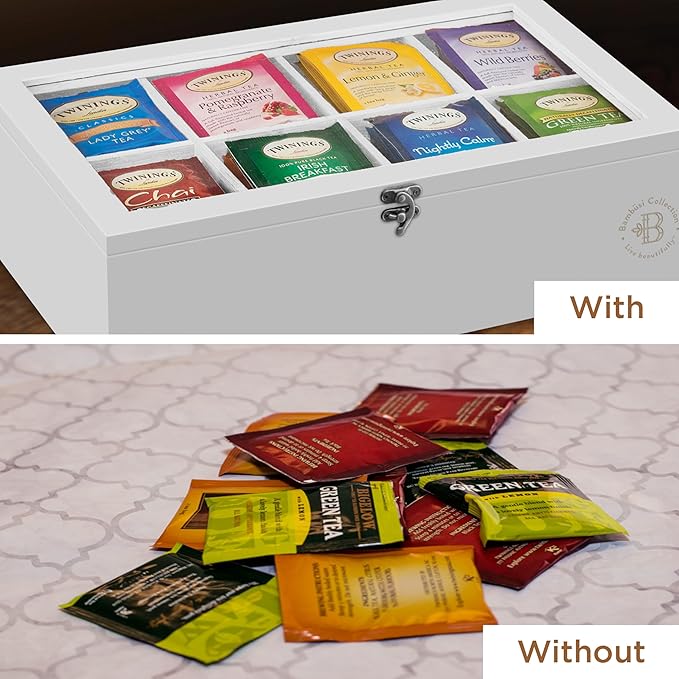 Bambüsi Tea Bag Organizer - Bamboo Tea Box Organizer Storage Box, Tea Bag Holder with Acrylic Window, Magnetic Lid Keeps Tea Bags Fresh - Tea Organizer Caddy (Tea Not Included) Christmas Gift - White