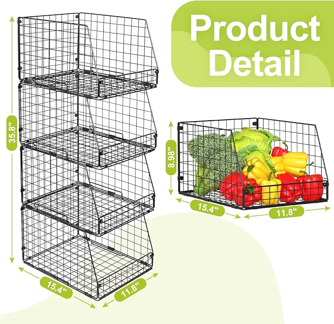 4 Pack XXL Stackable Wire Storage Basket, Extra Large Capacity Pantry Organizer and Storage, Muti-Purpose for Fruit Vegetable Basket & Toy Bin & Snack Organizer