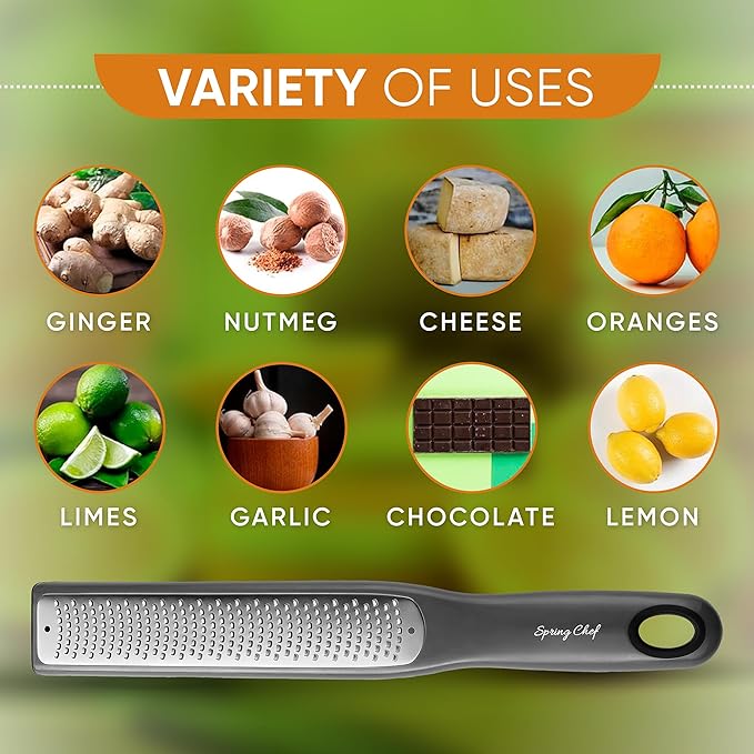Spring Chef Premium Gray Lemon Zester Grater with Handle - Lime, Garlic, Ginger, Orange, Nutmeg, Fruit Grater - Heavy Duty Kitchen Tool - Stainless Steel Citrus Zester with Blade Cover - Fine Shred