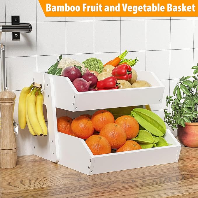 Bamboo Fruit Basket for Kitchen - 2 Tier Fruit Bowl, Large Holder With Banana Hangers, Idea For Vegetable Storage, Bread Display, Snack Organizer (White)
