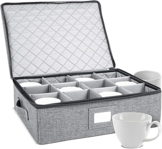 storageLAB Cup and Mug Storage Containers, Hard Shell Storage Case with Felt Dividers for Cups, Mugs, Dishes, and Glasses, Ideal for Kitchen Organizing and Moving Supplies - 1 Pack, Gray