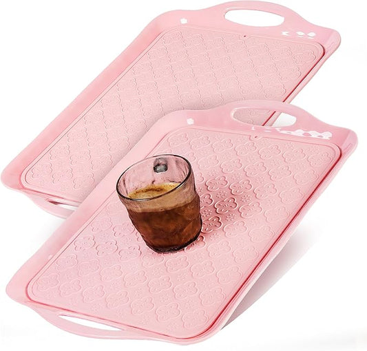 LEHAHA Melamine Serving Tray with Handles, 17.25 x 12 Inch Aesthetic Serving Platters and Trays with Curved Sides, Tray for Lunch, Coffee, or Breakfast, Set of 4, Silicone placemats Included,Pink