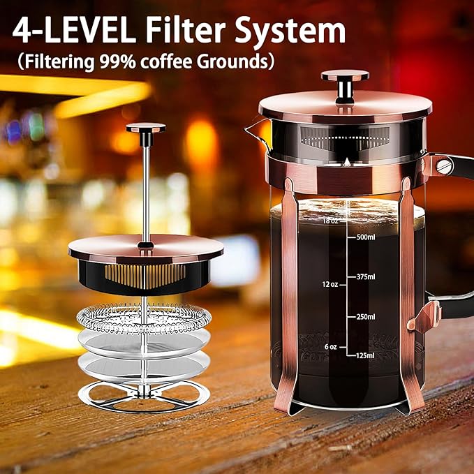 French Press Coffee Maker 304 Stainless Steel Coffee Press,with 4 Filters System, Heat Resistant Thickness Borosilicate French Press Glass, BPA-Free Brewed Tea Pot Coffee Plunger(Copper 12oz)