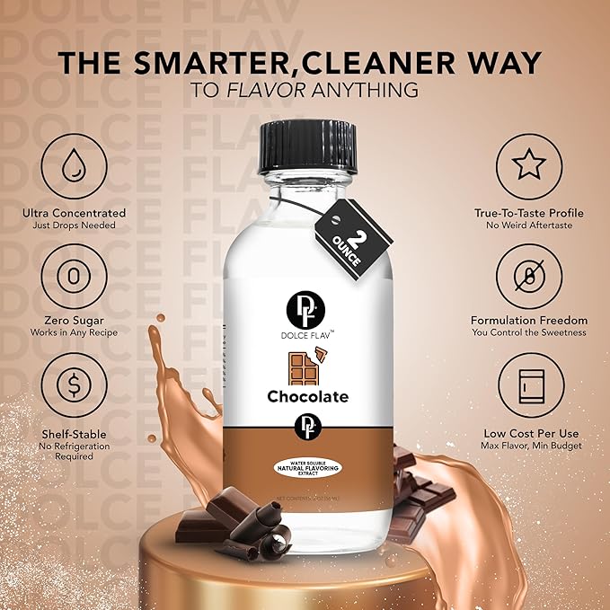 Dolce Flav Natural Chocolate Extract – Sugar-Free & Kosher – Pure Cocoa Flavor for Baking, Coffee, Ice Cream, Smoothies & Desserts – Highly Concentrated – 2 oz