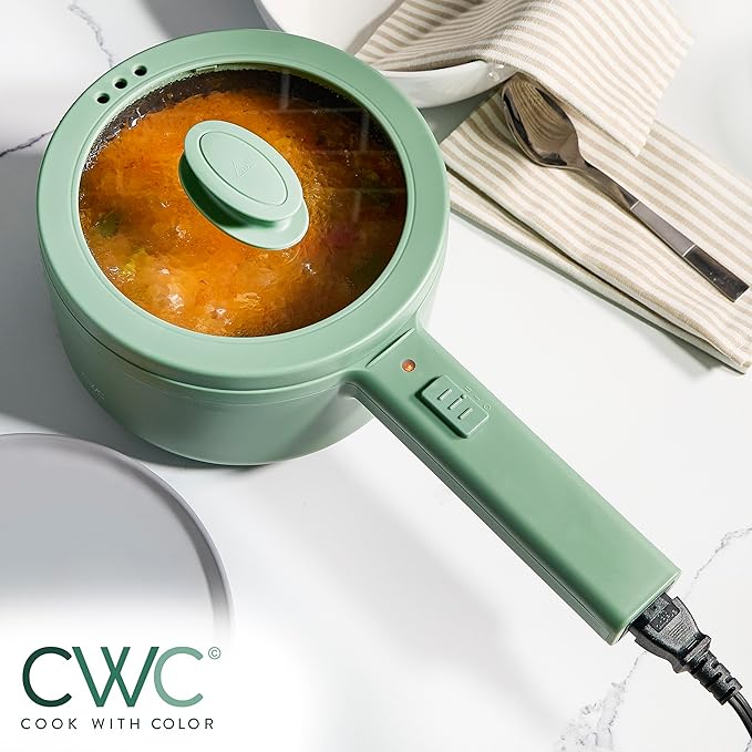 COOK WITH COLOR Electric Hot Pot, 1.6L Mini Cooker, 700W Power, Non-Stick Surface, Thermal Cut-Out Protection, Perfect for Rice, Noodles, Soups, Stews, Dorms, Apartments, and Small Kitchens, Dark Sage