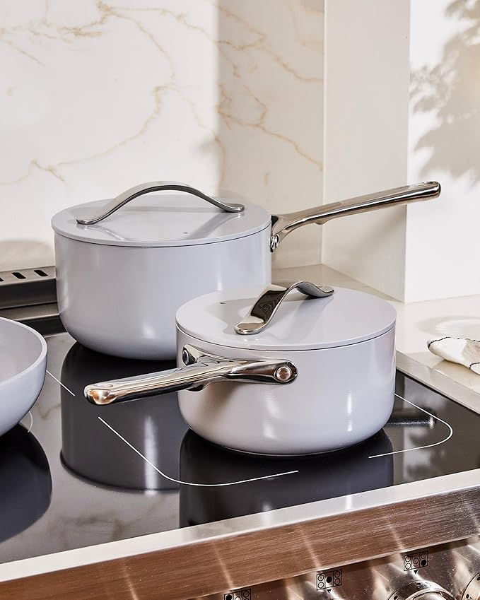 Caraway Nonstick Ceramic Sauce Pan with Lid (3 qt) - Non Toxic, PTFE & PFOA Free - Oven Safe & Compatible with All Stovetops (Gas, Electric & Induction) - Gray