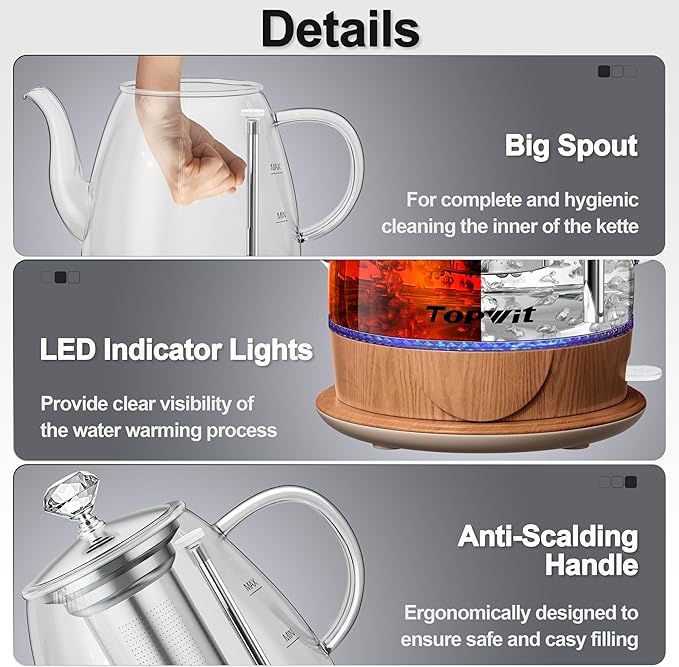 Topwit Electric Kettle Glass, For Hot Water, Tea and Coffee Dual Purpose Design, BPA-Free, 1L Pour Over Removable Stainless Steel Infuser, Auto-shut Off & Boil-dry Protect
