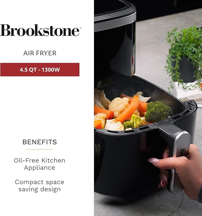 Brookstone Air Fryer – 4.5 Qt, 1300W Large Capacity Fryer with LED Display, 8 Presets, Adjustable Temp, Oil-Free Kitchen Appliance for Baking, Roasting, Frying, Healthy Crispy Meals, Black