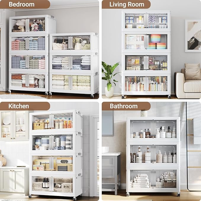 160QT Stackable Storage Bins with Lids, 40Gal Extra Large Collapsible Storage Box with Wheel, Plastic Storages with Clear Door Open Front for Home Bedroom Garage, White-1pack(1 lid)