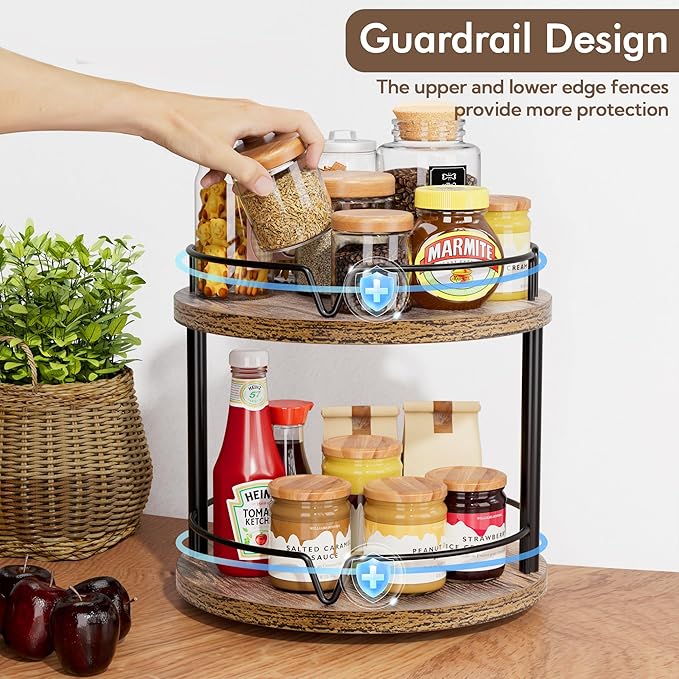 2 Pack 2 Tier Lazy Susan Organizer Wooden Rotating Spice Rack Spice Rack for Countertop 2 Tier Spice Turntable Organizer for Kitchen Countertop and Cabinet Compact and Versatile, Rustic Brown