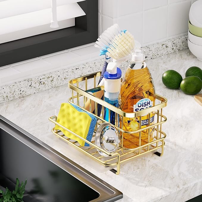 HapiRm Multifunctional Kitchen Sink Organizer with Removable Drain Tray, Quick Draining Rustproof Sink Caddy, Stainless Steel Kitchen Sponge Holder for Holds Sponge, Cleaning Towel and Scrubber - Gold