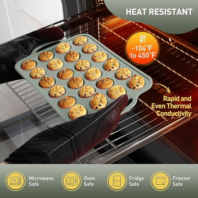 2 Packs 24 Cups Silicone Muffin Pan with Metal Reinforced Frame Mini Size Cupcake Pan Tray Egg Bites Silicone Circle Cookie Molds Muffin Tin Tart Pans Baking Sheet Set for Breakfast Sandwiches