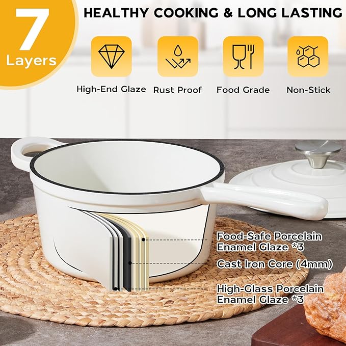 2 Quart Saucepan Dutch Oven, Onader Enameled Cast Iron Sauce Pan Pot with Lid, Small Cooking Kitchen Pot, Nonstick & Oven Safe – White