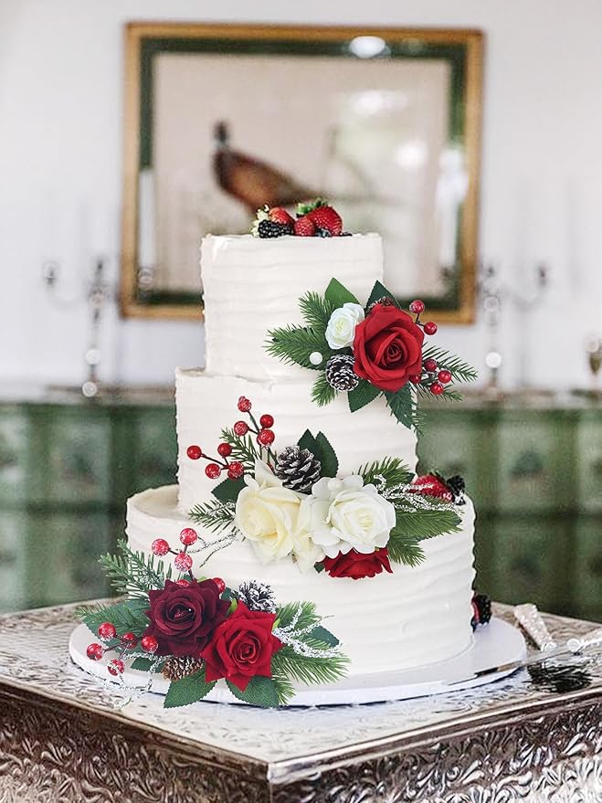 Rinlong 3Pcs Pre-made Cake Topper Cake Decorating Flowers for Christmas Cake Decor Burgundy Xmas Cake Decorations for Wedding Baptism