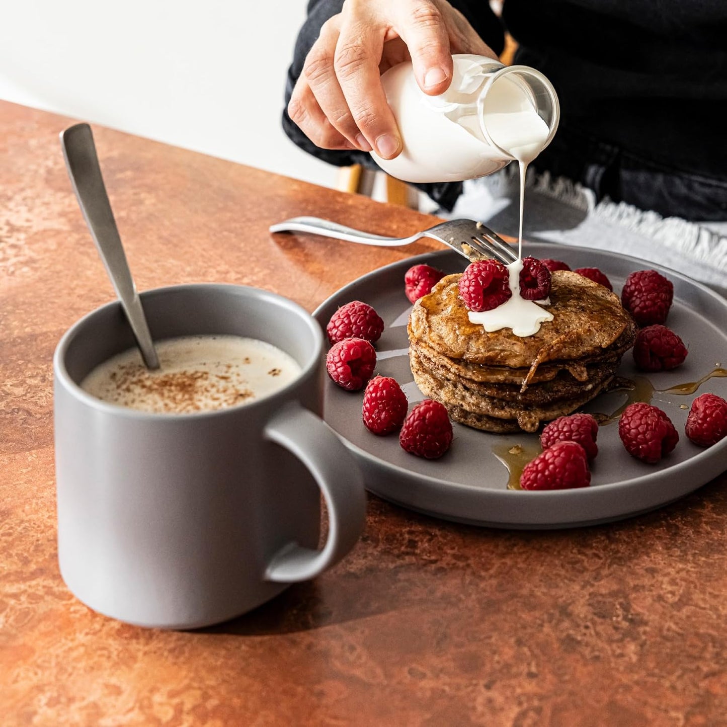 over&back Stackable Stoneware Coffee Mugs - 4-Piece Mug Set - Enjoy the Perfect Cup of Coffee, Tea, Latte, and More - Semi-Matte Charcoal - 14oz