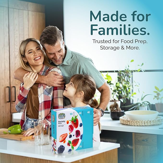 J&&J FRESH Reusable Food Storage Bags – 260 Pack Variety Pack (Snack, Sandwich, Quart, Gallon) – BPA-Free, Leakproof Zipper Bags with Expandable Bottom – Freezer Bags Safe, Kitchen & Pantry Organizer