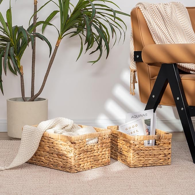 StorageWorks Wicker Storage Baskets, Handwoven Water Hyacinth Basket for Organizing, Decorative Organizers with Built-in Handles, Set of 2