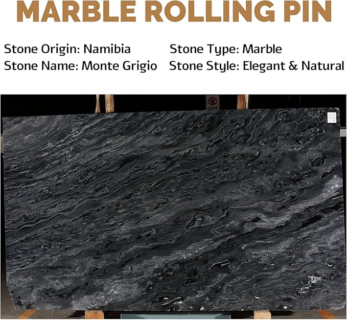 Koville African Natural Marble French Rolling Pin, 16inch Non-Stick Rolling Pin for Baking, Dough Roller for Pasta, Dumpling, Fondant, Pie, Bread, Pizza, Kitchen Baking Tools(Monte Grigio)