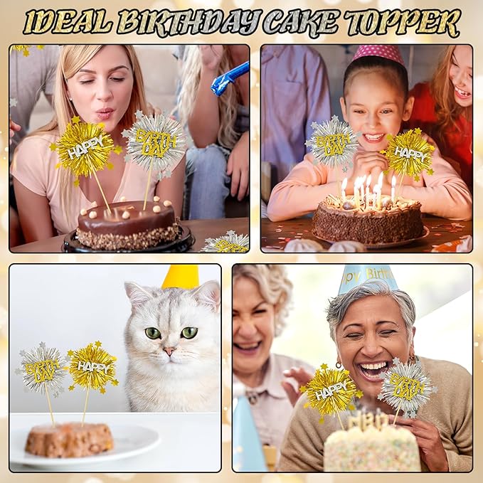 LOLStar 12 PCS Happy Birthday Cake Toppers, Gold and Silver Foil Cupcake Toppers, Glitter Tinsel Cupcake Decor, Food Picks Drink Stirrers Cocktail Toothpicks for Celebrating Party Supplies