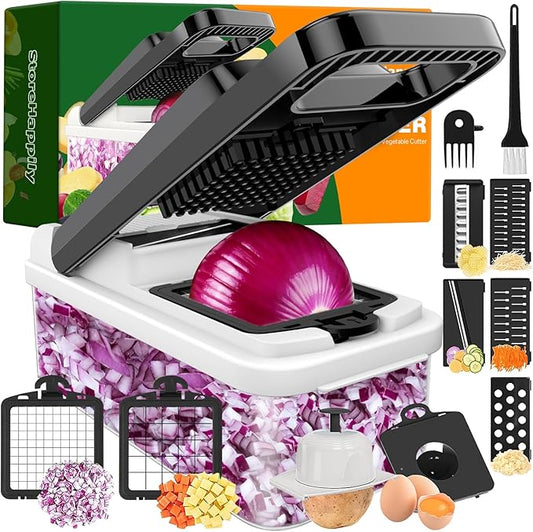 12-in-1 Vegetable Chopper, 7 Blades Veggie Chopper with Container and Lid, Dicer, Slicer, Multifunctional Kitchen Gadgets, Vegetable Cutter with Handle, Onion Cutter(Black/White)