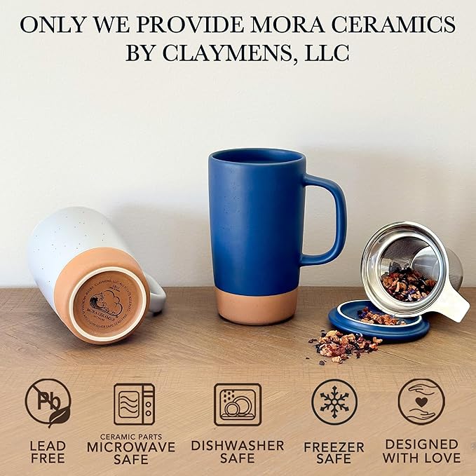 Mora Ceramics Large Tea Mug with Loose Leaf Infuser and Ceramic Lid, 18 oz, Portable, Microwave and Dishwasher Safe, Tall Coffee Cup - Rustic Matte Ceramic Glaze, Modern Herbal Tea Strainer, Deep Blue