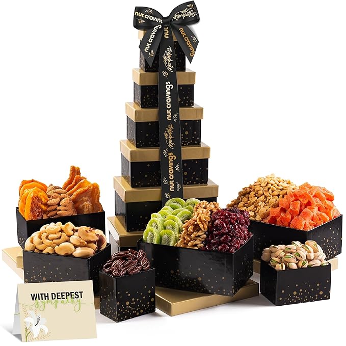 NUT CRAVINGS Gourmet Collection - Sympathy Condolence, Nuts & Dried Fruits Tower Gift Basket, with Sympathy Ribbon + Greeting Card (12 Assortments) Food Arrangement, Healthy Snack, Food Assortments