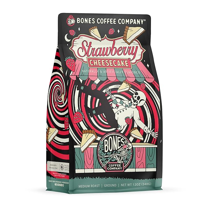 Bones Coffee Company Strawberry Cheesecake Flavored Coffee, Medium Roast Low Acid Arabica Beans Compatible with Auto drip and French Press Coffee Maker, 12 Oz Ground