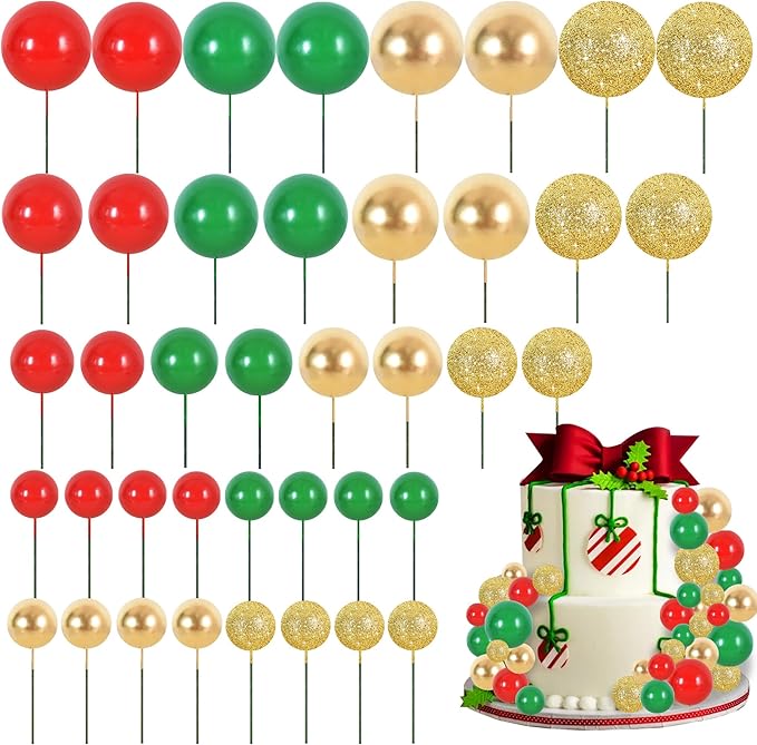 BEISHIDA 40 Pcs Ball Cake Toppers Mini Balls Cake Decorations Red Green Gold Silver Sticks Foam Balls DIY Cake Topper Insert Balls Cake Decorations for Baking Christmas Party Decorations