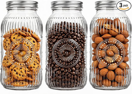 3 Pack Wide Mouth Mason Jars 64 oz - Large Half Gallon Glass Mason Jars with Airtight Lids and Bands for Pickling, Canning, Fermenting and Food Storage, Microwave & Dishwasher Safe