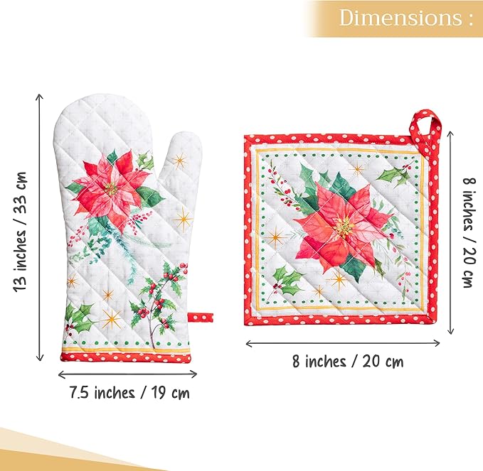 Maison d' Hermine 100% Cotton Oven Mitt & Pot Holder Set (7.5"x13" & 8"x8") Heat Resistant BBQ Cooking Gloves with Loop, Baking, Grilling, Kitchen, Handling Hot Pans (Poinsettia Christmas)