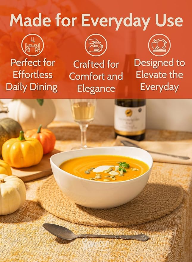 Sweese 8 Inch Porcelain 42 oz Serving Bowls Set of 4, for Salad | Soup | Snacks | Pasta - Microwave, Dishwasher, and Oven Safe - White